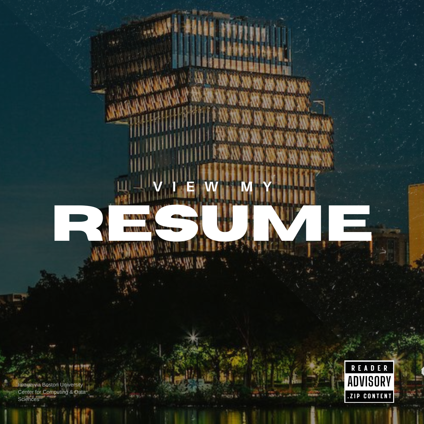 Cover image with Boston University's Data Science building and View My Resume text in foreground on Gracious Ogyiri Asare's Portfolio